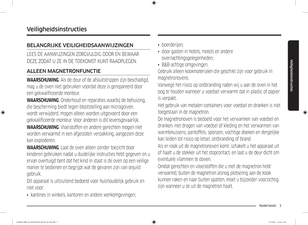 Samsung NQ50K3130BS/EF, NQ50K3130BS/EG manual Veiligheidsinstructies, Nederlands  